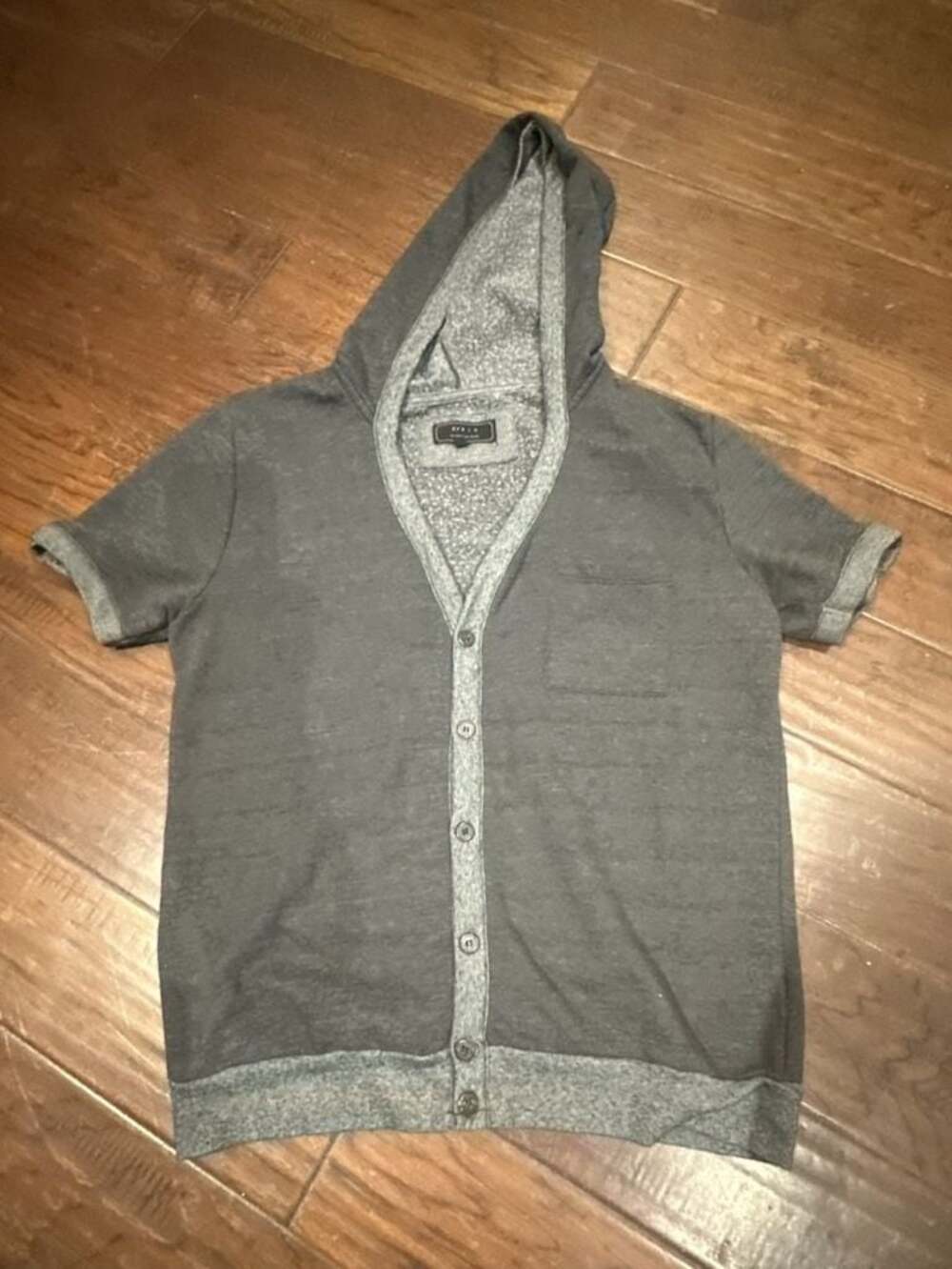 21 Men Gray Short Sleeve Button-Up Hooded Cardigan with Pocket Size L